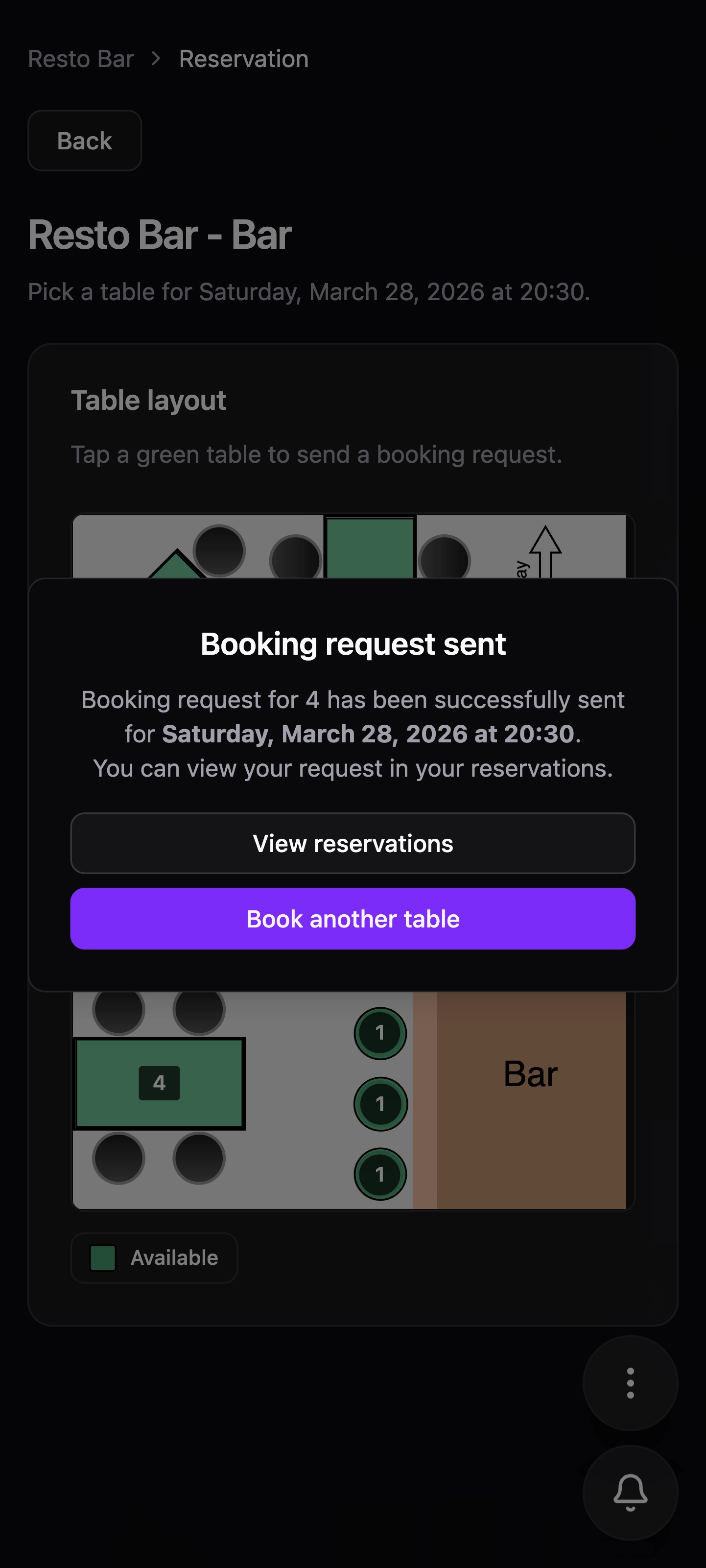 Booking sent confirmation screen