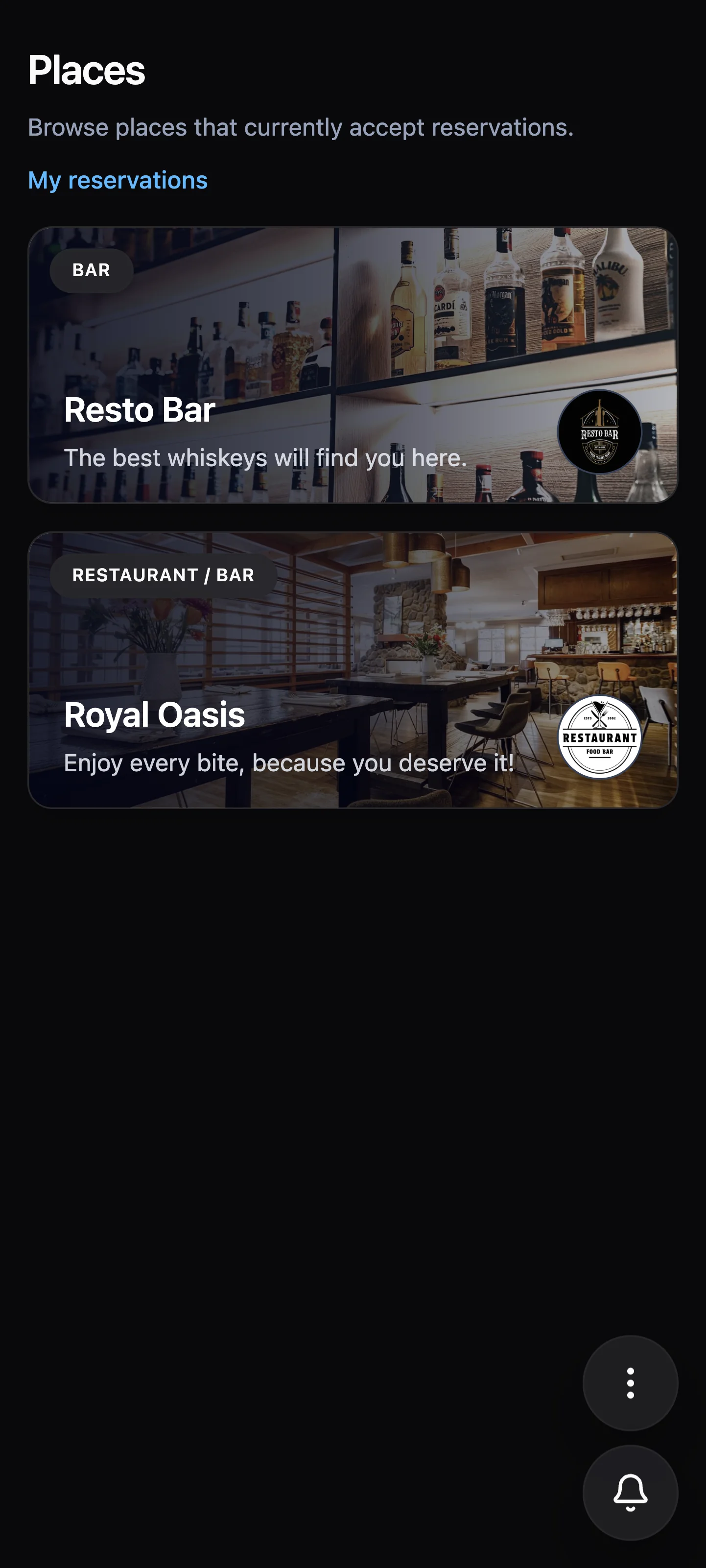 Browse places screen