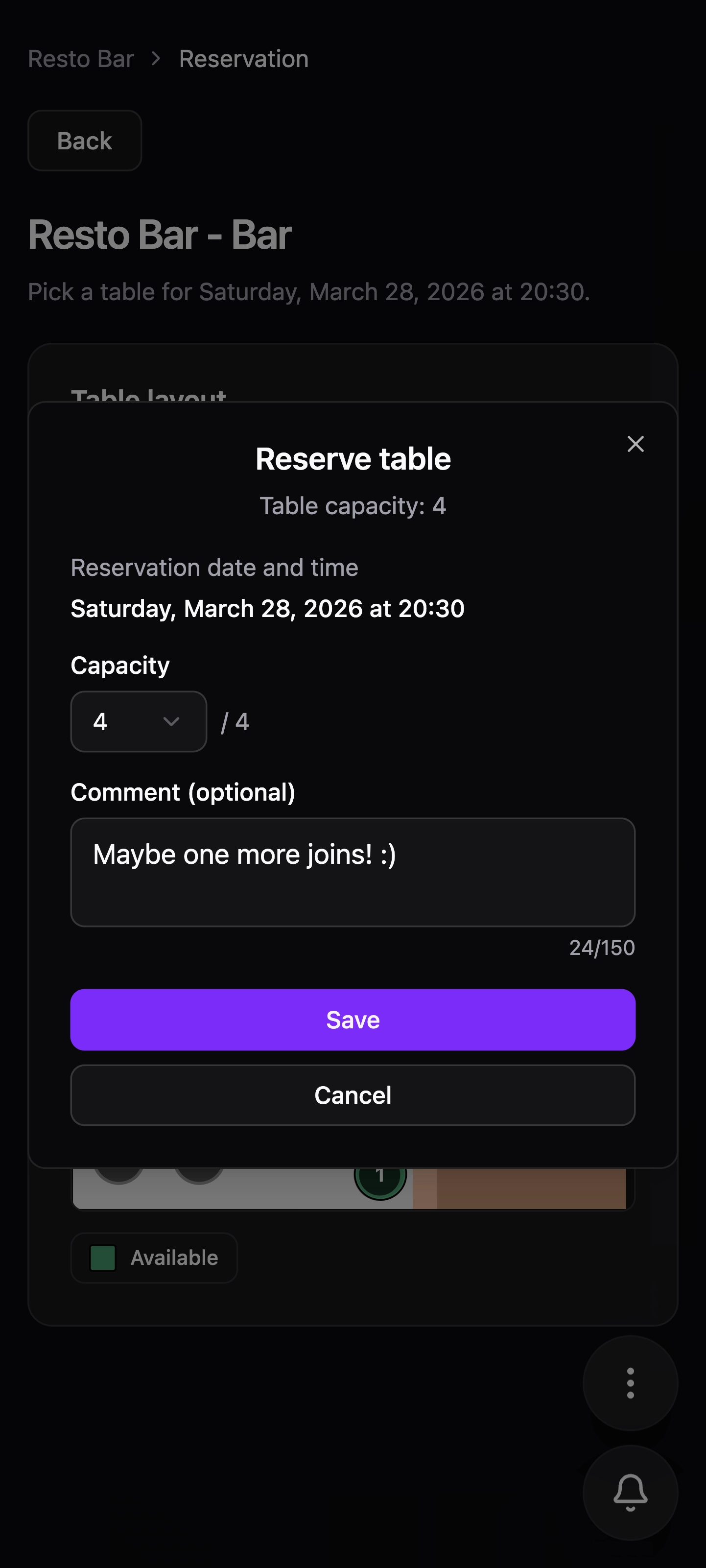 Fill out reservation details screen