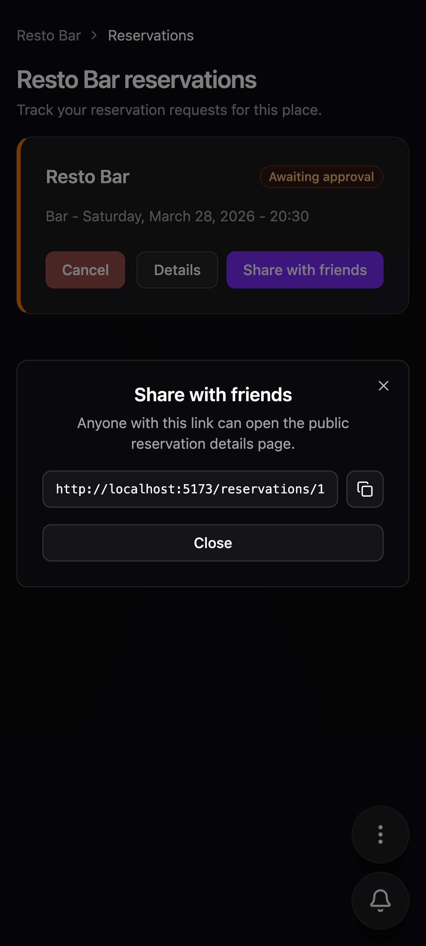 Share reservation link screen