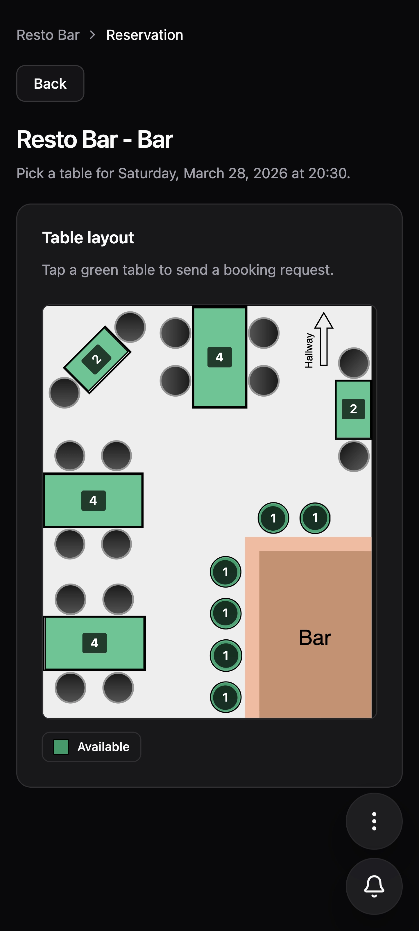 Table layout screen