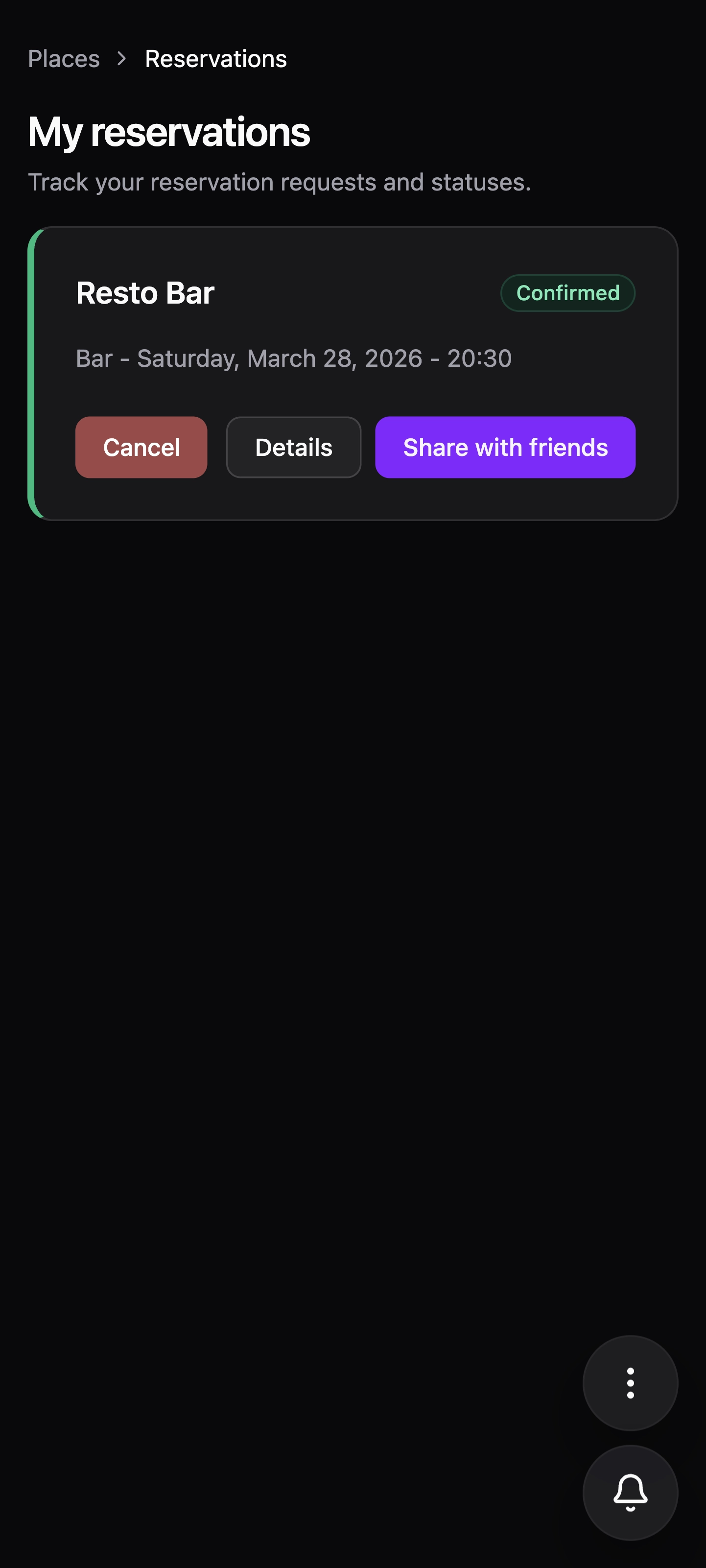 Confirmed reservations screen
